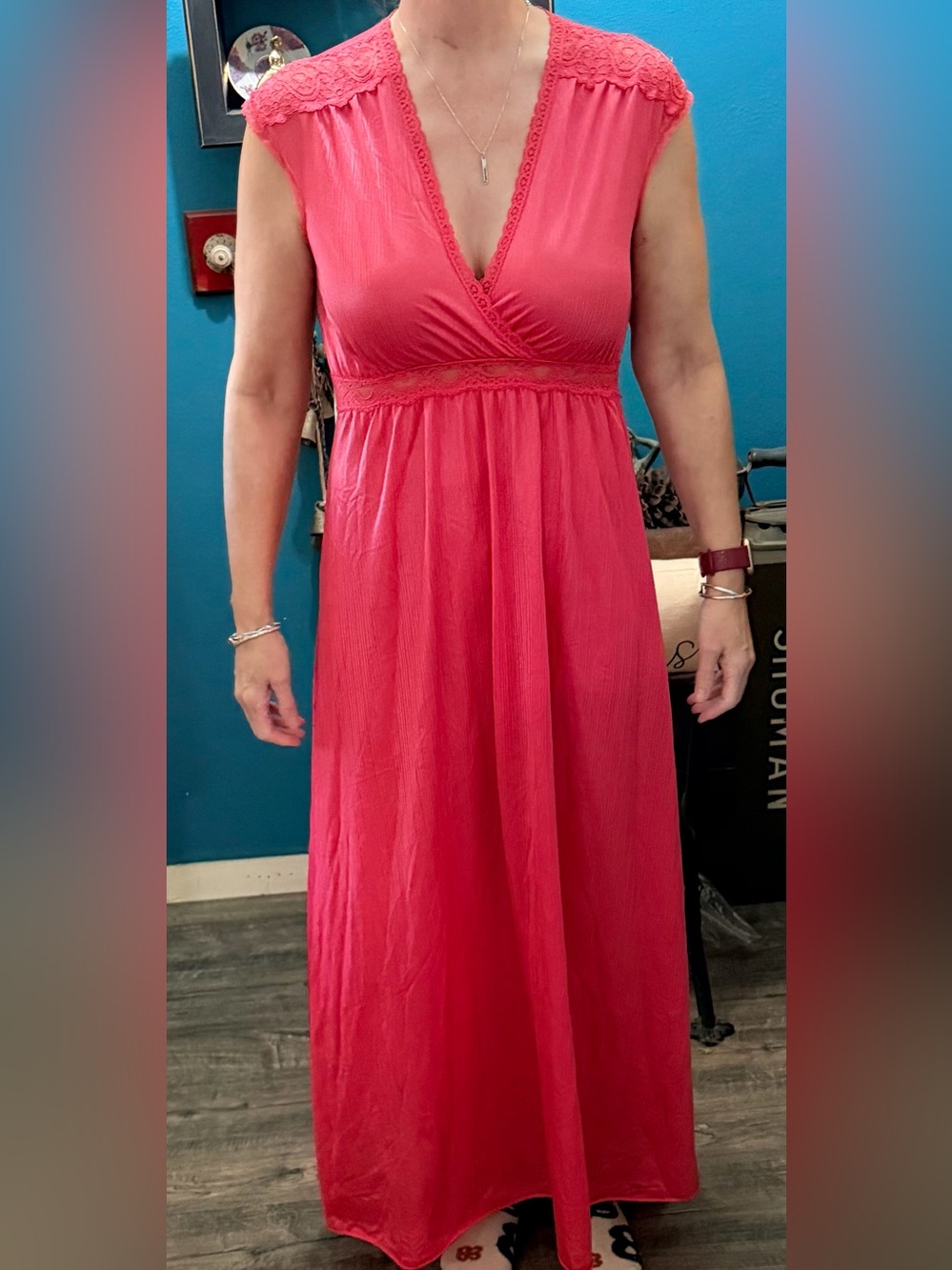 Miss Elaina Women's Coral Maxi Dress with Lace Trim